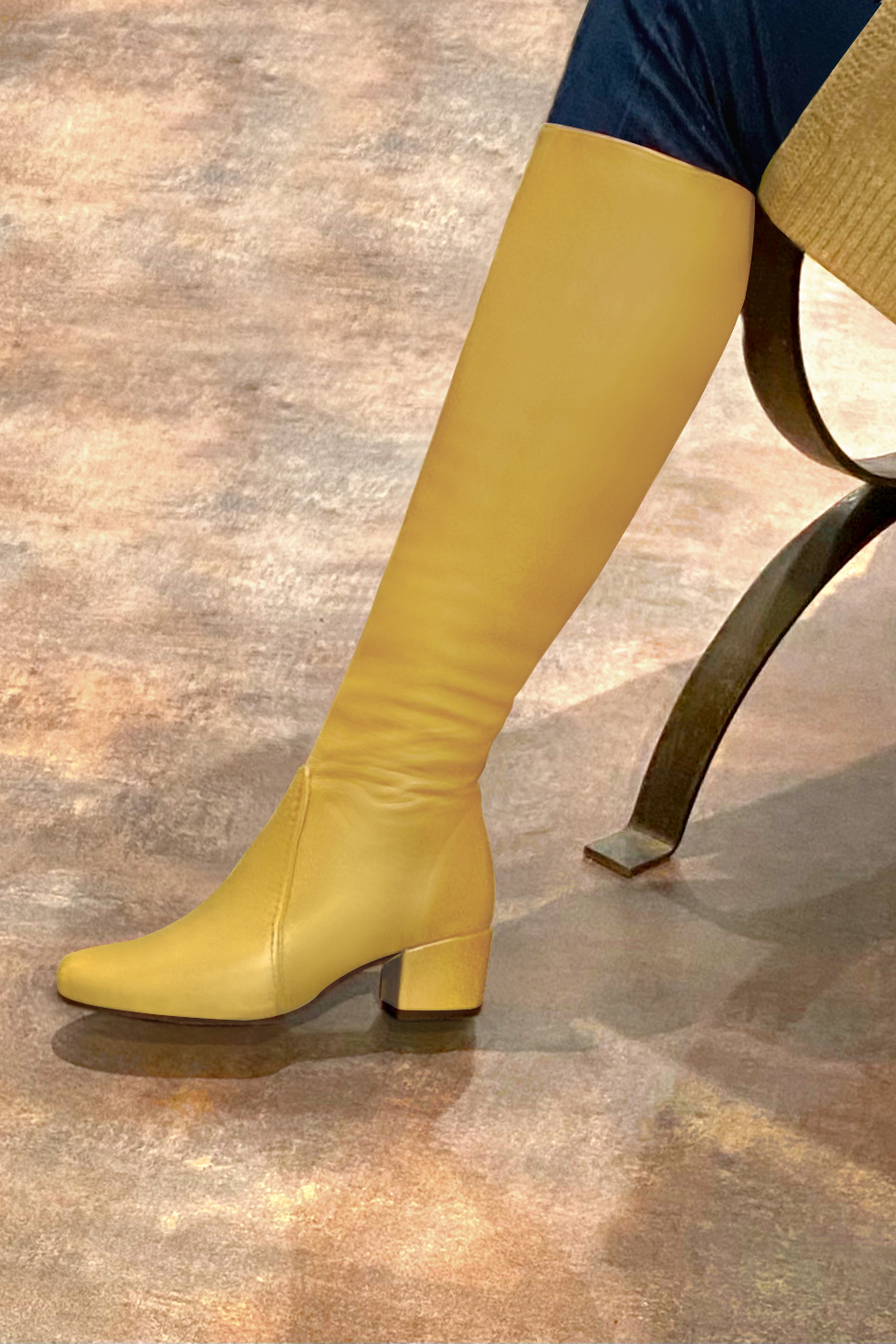 Mustard yellow women's feminine knee-high boots. Round toe. Low flare heels. Made to measure. Worn view - Florence KOOIJMAN